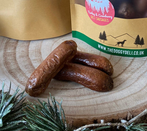 Festive Turkey and Cranberry Deli Sausages 200g - Natural Dog Treat Christmas Sausages - The Doggy Deli